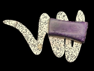 Unusual & Large Vintage Sterling Silver & Purple Gemstone Studio Brooch