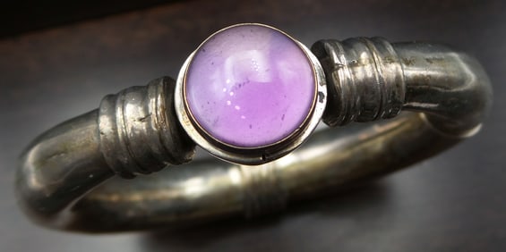 Rare Antique Indian Sterling Silver & Amethyst Tribal Style Signed Designer Bracelet