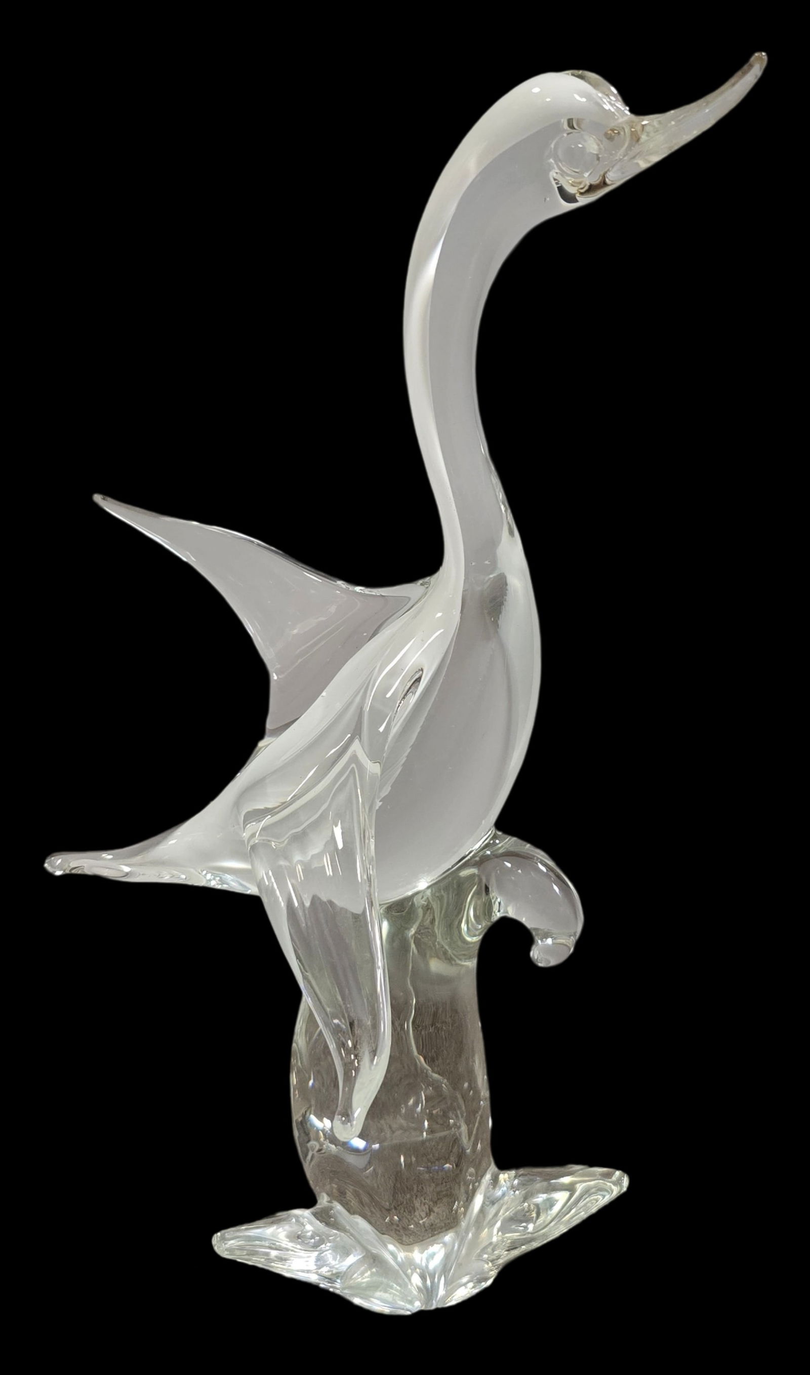 Vintage Mouthblown MURANO Italy Clear Art Glass Designer Swan Figurine - Signed: Measures approx. 17 1/2" high x 5" wide. Very good vintage condition; no chips, cracks, or repairs. Signed.