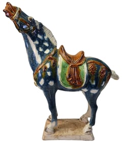 Vintage Chinese Sancai Glazed Ceramic Tang Horse Statue on Base