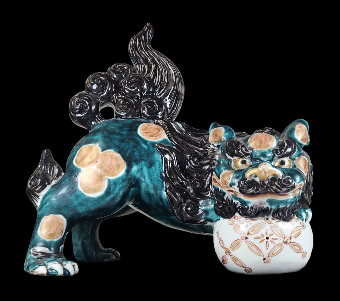 Antique Japanese Glazed Porcelain Lion Foo Dog Statue on Custom Wood Base: Good vintage condition with a small repair to one of the hind paws. Measures approx. 9 1/2" x 9 1/2" x 6 1/2".