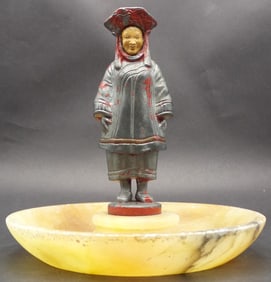 Antique Art Deco Oriental Cast Metal Figure on Alabaster Dish