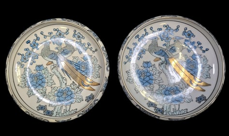 Pair of Early 20th Cent. Japanese Gold Imari Blue & Gold Porcelain Double Peacock Bowls/Dishes