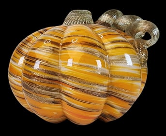 Vintage Mouthblown Art Glass Pumpkin Sculpture /w Gold Leaf