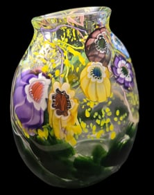 Multicolored Signed Art Glass Vase with Floral Design
