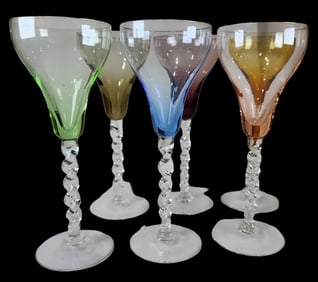 Set of 6 Vintage Mouthblown Colorful Art Glass Twisted Stem Liquor Glasses