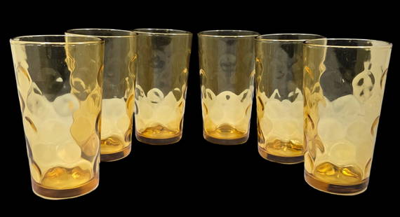 Set of 6 Vintage HAZEL ATLAS Amber Capri Dot ELDORADO Glasses / Tumblers: Very good vintage condition; no chips, cracks, or repairs. Each measures approx. 5" high x 3" in diameter.