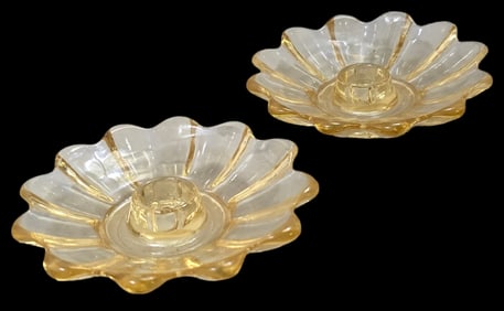 Pair of Vintage 1980s FOSTORIA Celestial Sungold Art Glass Candleholders