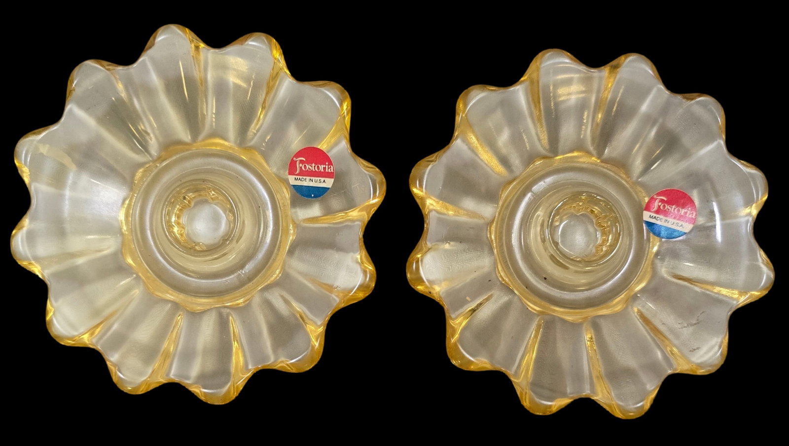 Pair of Vintage 1980s FOSTORIA Celestial Sungold Art Glass Candleholders: Very good vintage condition; no chips, cracks, and repairs. Each measures approx. 5 1/2" in diameter.