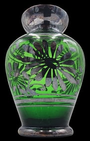 Antique Green Glass Vase with Silver Overlay