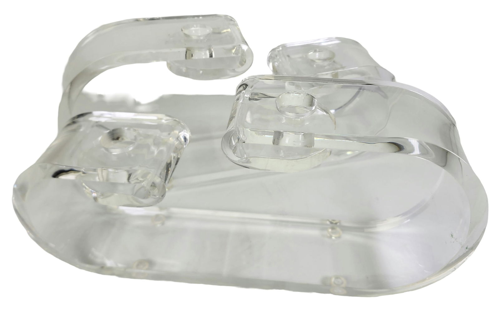 Pair of Vintage DOROTHY THORPE Clear Lucite Candleholders: Very stylish and timeless pieces. Each measures approx. 5 1/4" high x 11 1/2" wide x 2 1/2" deep. Very good vintage condition with minor wear consistent with age and use. No chips or cracks.