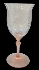 Vintage Handmade Clear & Pink Crystal Stemmed Wine Glass