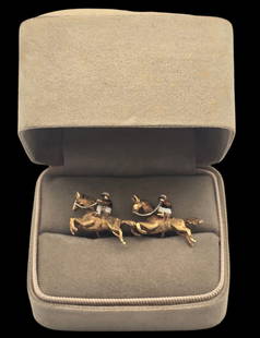 Pair of Vintage Italian 18K Gold & Enamel Jockey on Horse Designer Cufflinks: Very good vintage condition with some patina according to age. Each one measures approx. 3/4" long and weighs ca. 5.36 grams. Marked.