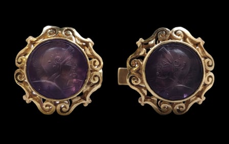 Pair of Vintage 14K Gold & Hand Carved Amethyst Intaglio Cufflinks