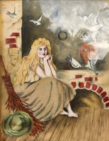 Ca. 1890 Silk Embroidered Watercolor Painting "Cinderella by the Fireside" after JENNY NYSTROM