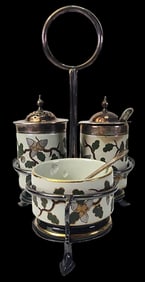 Rare ca. 1880 European Silverplate & Porcelain Acorn Themed Condiment Set