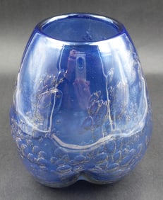 Vintage Mid-Century Modern HEINRICH LOFFELHARDT for ZWIESEL Blue Bubble Art Glass Vase