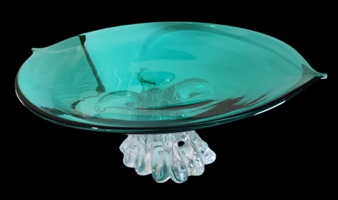 Massive Vintage Handmade Two-Piece Art Glass Platter on Stand