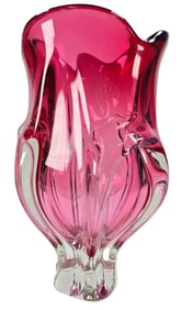Vintage Bohemian Cranberry & Clear Open Teardrop Vase attrib. JOSEF HOSPODKA