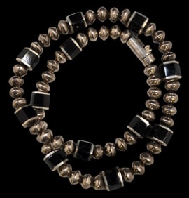 Vintage Mid-Century Modern TAXCO Mexico Sterling Silver & Black Onyx Beaded Necklace