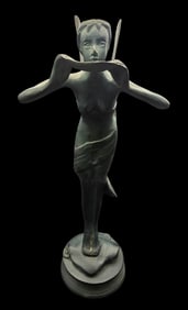 Vintage Cast Bronze Sculpture of a Fairy Playing the Flute
