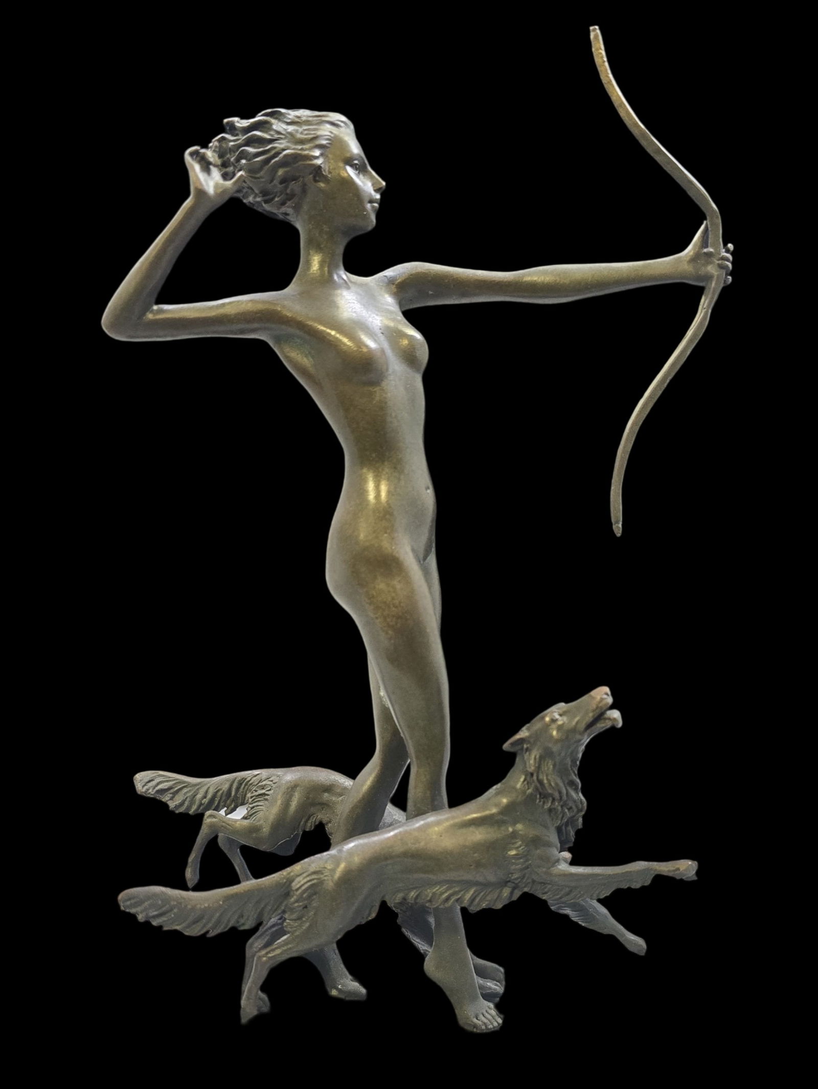 Antique JOSEPH LORENZL (1892-1950) Bronze Figurine "Diana with Hunting Dogs" (1 of 11)