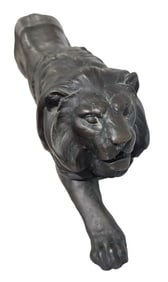 Detailed Vintage Cast Bronze Lion Sculpture on White Marble Base