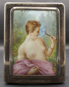 WRIGHT & DAVIES England Sterling Silver & Erotic Porcelain Plaque Cigarette Box
