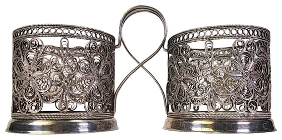Pair of Vintage Handmade Russian 875 Filigree Silver Tea Cup Holders