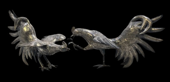 Pair of Vintage Sterling Silver Fighting Rooster Figurines