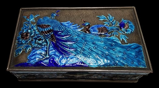 Very Rare Antique Asian Sterling Silver & Blue Enamel Peacock Lidded Box