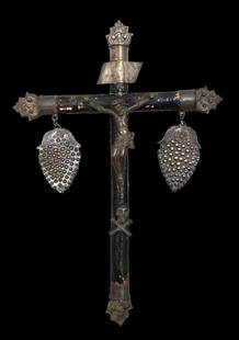 Rare 18th Century Spanish Colonial Sterling Silver & Wood Crucifix: This amazing crucifix was masterfully chased from solid silver and carved from wood in Colonial Latin America, probably in Peru, in the late 18th Century, and features great detail. This piece would h