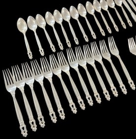 Vintage GEORG JENSEN Denmark "Acorn" 65-Piece Solid Sterling Silver Cutlery Set