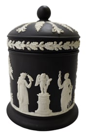 Antique WEDGWOOD Black & White Jasperware Lidded Jar