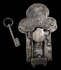 Antique 1500s European Wrought Iron & Original Key Door Lock