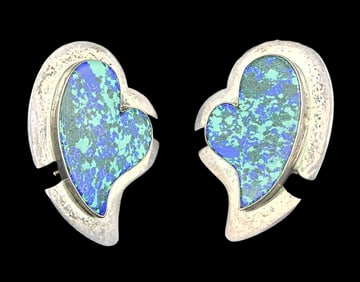 Very Unusual Vintage Mexican Sterling Silver & Blue Gemstone Clip-On Earrings