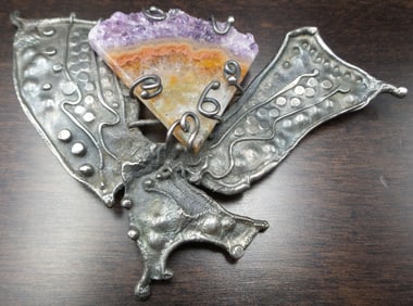 Large & Unusual Mid-Century Brutalist Sterling Silver & Gemstone Brooch