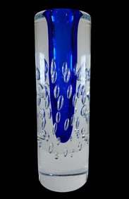 Vintage Czech VLADIMIR SVAB Blue Incalmo Art Glass Bubble Vase