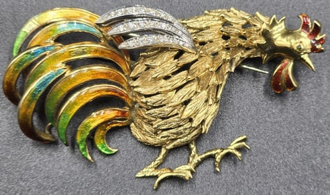 Unusual Vintage Italian 18K Gold, Diamond & Enamel Rooster Designer Brooch