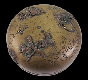 Antique Asian Engraved Brass Ink Calligraphy Box