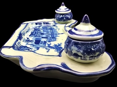 Antique Hand Painted Porcelain Inkwell