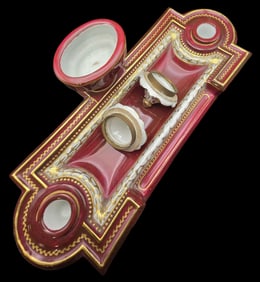 Antique French Hand Painted Red Porcelain Inkwell