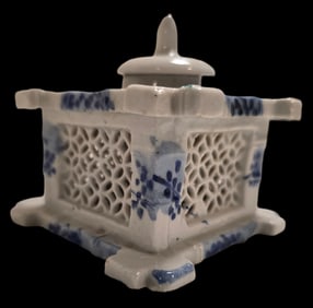 Antique Hand Painted Blue & White Porcelain Inkwell