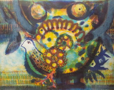 JUAN GARCIA RIPOLLES (Spanish,1932-) Modernist 'Paloma' Colorful Lithograph: Juan Garcia Ripolles’s colorful rendering of a dove beside a still life is infused with spirit and charm. Lithograph, signed, dated, titled and numbered in pencil. The image measures approx. 17 x 22