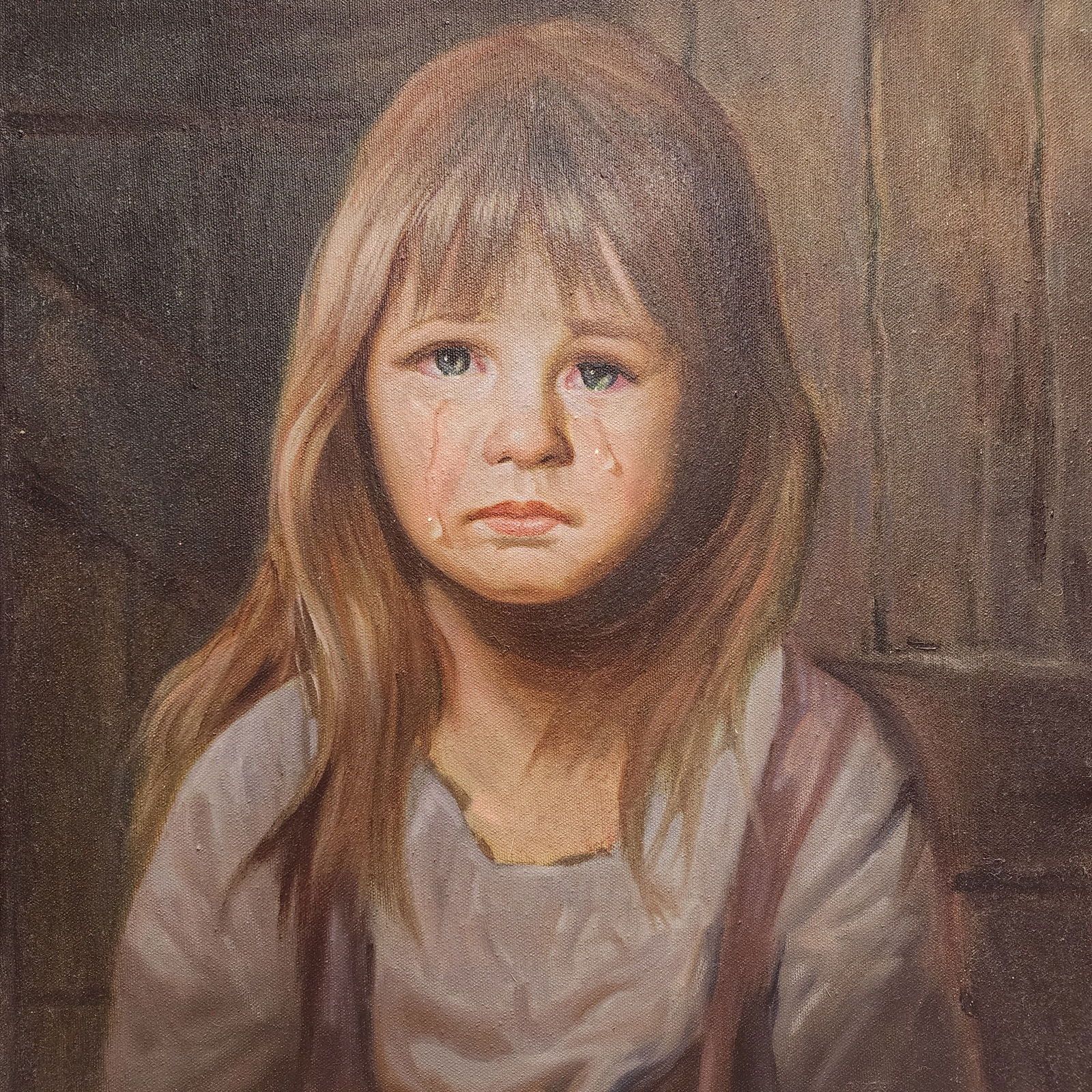 Vintage BRUNO AMADIO / GIOVANNI BRAGOLIN "Crying Girl" Oil on Canvas Painting (1 of 2)
