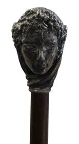 Antique ca. 1900 Handmade Walking Cane /w Silver Woman's Head Handle (1 of 7)