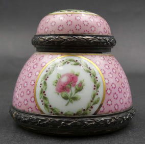 Rare Antique 19th Century European Hand Painted Pink Porcelain & Brass Inkwell