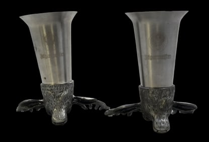 Pair of Unusual Vintage Jagermeister Deer Head Pewter & Metal Bar Shot Glasses