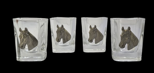 Unusual Vintage Scotch Whiskey Glasses /w Horse Heads in Wood Box