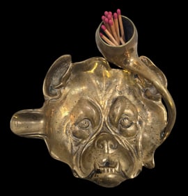Very Unusual Vintage Brass Bulldog Ashtray /w Match Holder